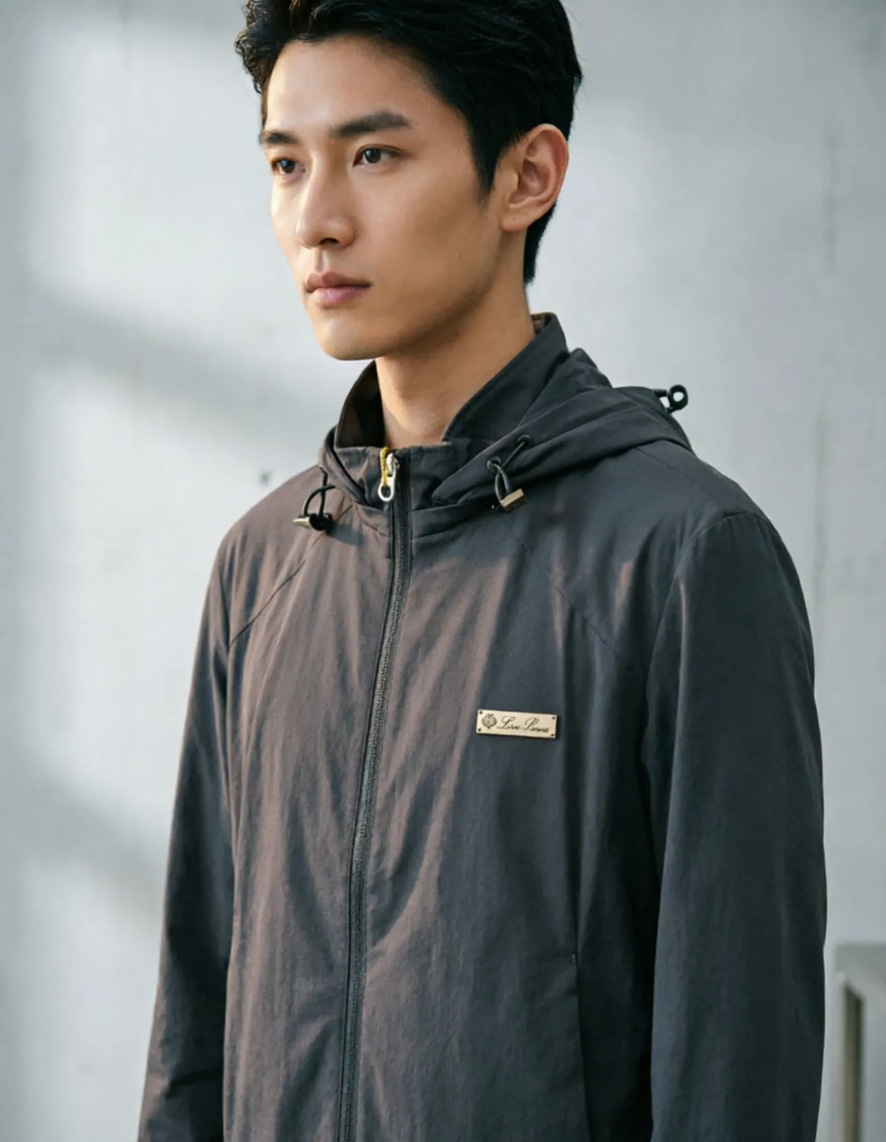 Upper body material picture Loro Piana/NUO You Piana 26fw LP early autumn New Arrival metal logo brand hooded jacket (grey black)